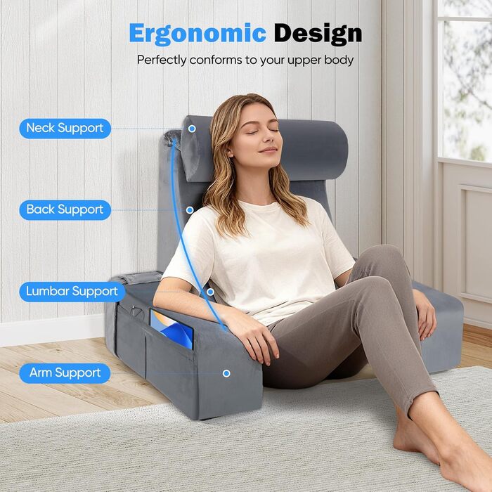 Ергономічна подушка для читання зі знімним підголівником та підлокітниками, з підтримкою спинки для ліжка, дивана, підлоги, регульована для читання, роботи та відпочинку, сіра