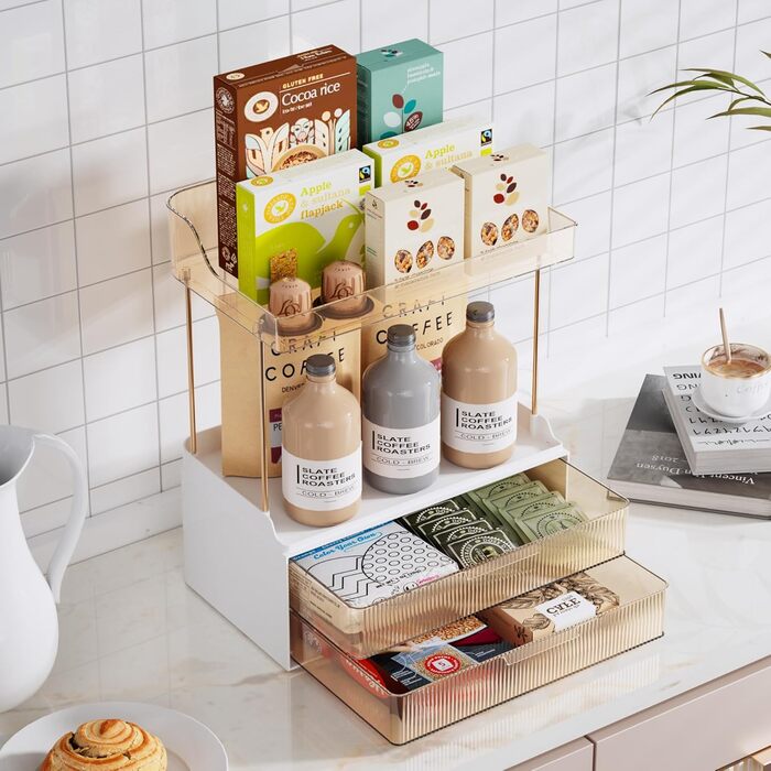 Органайзер для макіяжу Delamu з 2 шухлядами, 2-рівневий органайзер для косметики, багатофункціональний великий косметичний органайзер для туалетного столика, спальні, ванної кімнати, офісу, бурштиновий