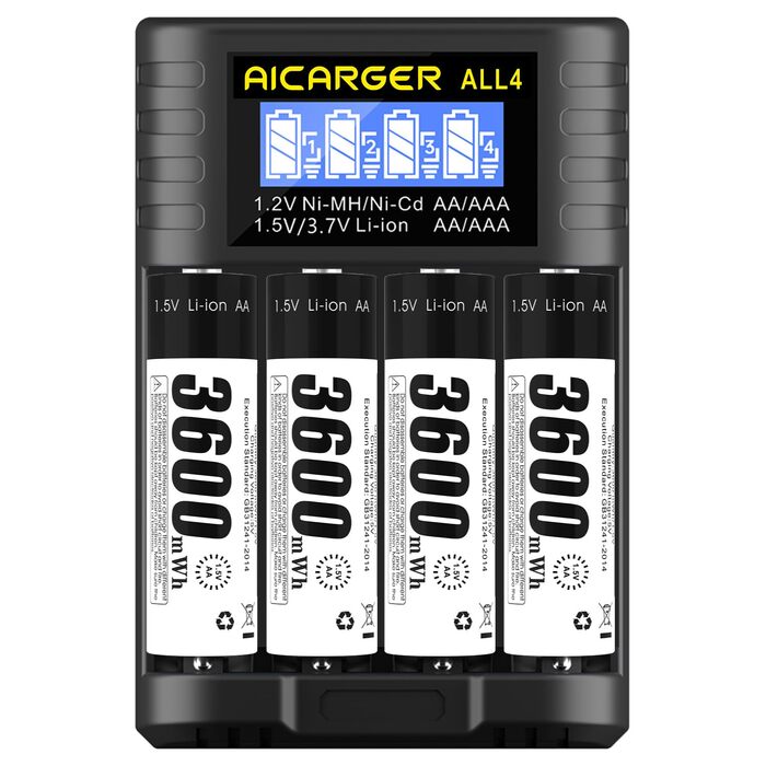 Зарядний пристрій для акумуляторів типу AA AAA, 4 слоти, швидка зарядка 5V/2A з РК-дисплеєм для літій-іонних акумуляторів типу AA AAA 1,5 V (штекер USB-C), в комплекті 4 акумуляторні батареї типу AA ємністю 3600 мВтгод із зарядним пристроєм AICARGER, 4 шт
