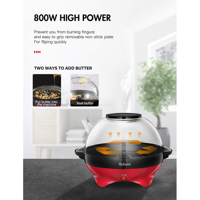 Машина для попкорну Yabano для дому, машина для виготовлення з цукром та олією, знімна нагрівальна поверхня, поппер для попкорну 5 л, антипригарне покриття, велика кришка як сервірувальна страва, компактне зберігання червоне