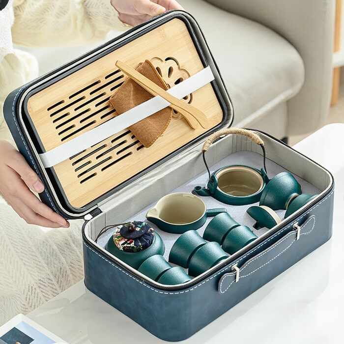 Китайський чайний сервіз з ситечком, порцеляновий набір для чаювання на 6 чашок, з ручкою з конопляного канату для розсипного чаю, ідеальний подарунок для поціновувачів чаю, зелений колір