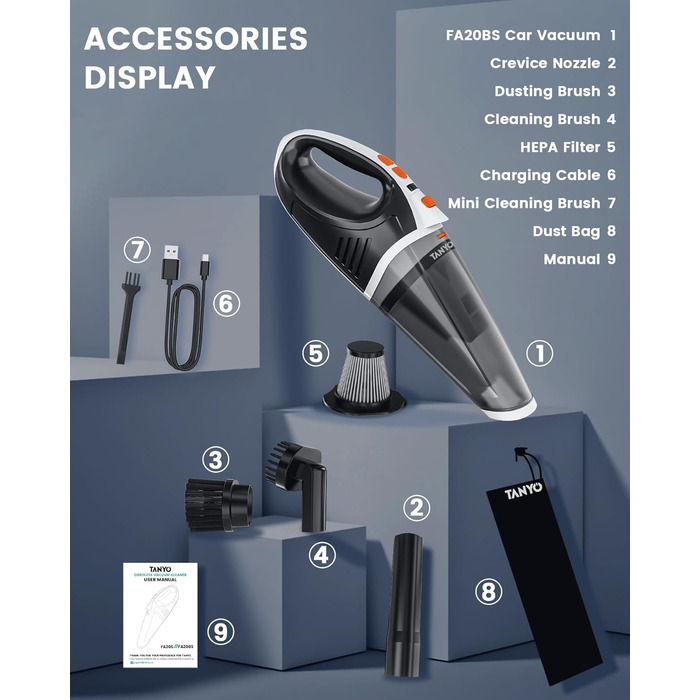 Ручний пилосос акумулятор 5 в 1, 15000Pa/10000Pa 2-швидкісний автомобільний пилосос потужний зі світлодіодним світлом, вологий / с