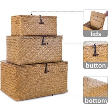 Кошики для зберігання морської трави, плетена коробка для зберігання з ротанга з кришкою та ручкою, прямокутний кошик з морської трави, полиця для зберігання одягу, косметики, книг, 3