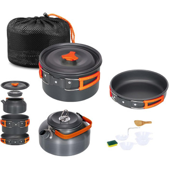 Набір посуду SMHLINE для кемпінгу, 10 предметів каструля 2л, сковорода 0.7л, чайник 1.1л для приготування їжі на природі, походів та подорожей