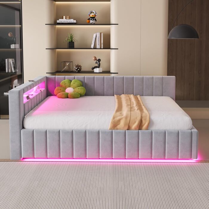 М&39яке ліжко/диван-ліжко 140x200, двоспальне ліжко з гідравлічним відділенням для зберігання, світлодіодним підсвічуванням та функцією заряджання через USB, кушетка/дитяче ліжко з рейковим каркасом, оксамитова тканина, без матраца, світло-сірий 140x200 с