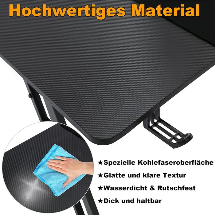 Ігровий стіл UISEBRT - 120x60x74 см ігровий комп&39ютерний стіл з вуглецевим волокном - ергономічний ігровий стіл до 150 кг для спальні та офісу