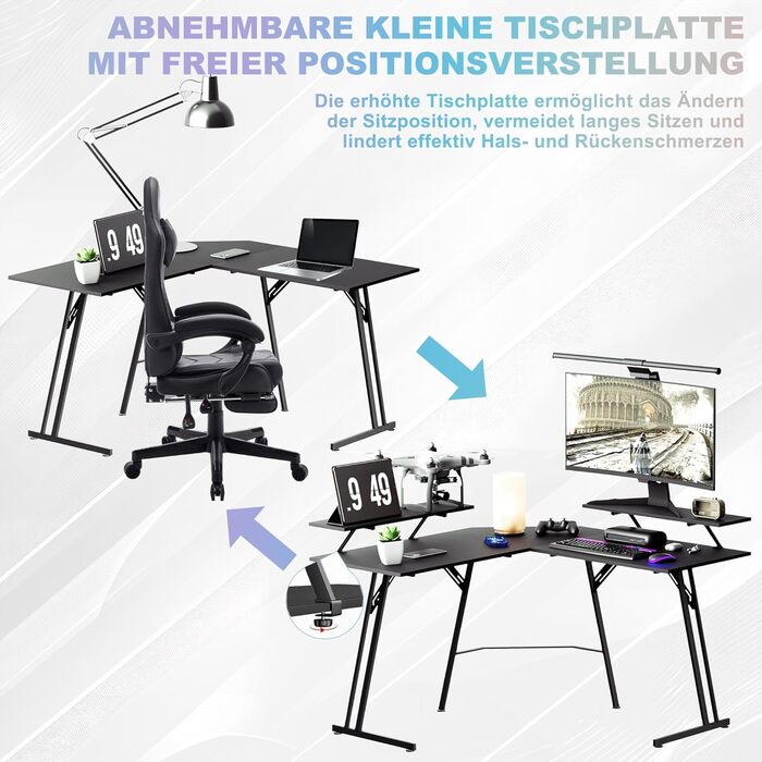 Ігровий стіл 140 см Великий ігровий стіл L-подібний комп&39ютерний стіл з підставкою для монітора, карбонове волокно Ергономічний кутовий стіл для ігор та домашнього офісу 140 см