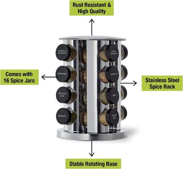 Карусель спецій, стійка для спецій, поворотний на 360, кухонні спеції, 16 баночок для спецій, з кришками та індивідуальними дозаторами, органайзер, з етикетками для пляшок, алюмінієвий, металік