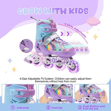 Роликові ковзани для дітей, дівчаток та хлопчиків, райдужний дизайн, дитячі роликові ковзани 4 розмірів для використання в приміщенні та на вулиці, розмір S (EU 28-31), фіолетовий