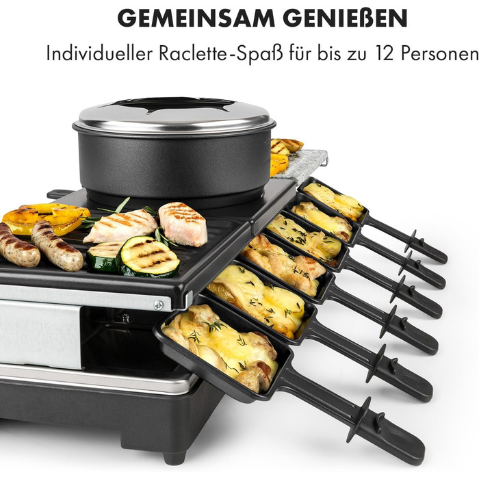 Гриль і фондю для раклету 3-в-1, 1650 Вт металевий/натуральний камінь/млинець, 3 окремі нагрівальні елементи з нержавіючої сталі, до 12 осіб, антипригарне покриття, чорний