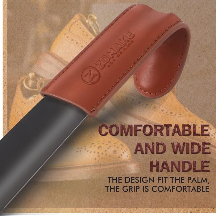 Металевий ріжок для взуття ZOMAKE Набір з 2 - 42 см чорний довгий ріжок для взуття з нержавіючої сталі зі шкіряним ремінцем, 19 см