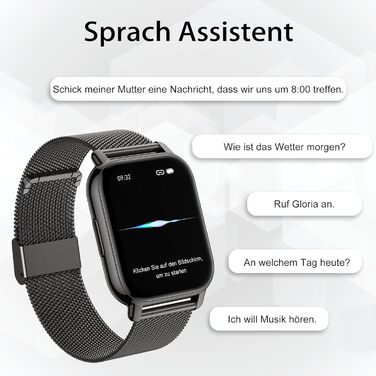 Розумний годинник Popglory для чоловіків та жінок, фітнес-годинник 1,85 дюйма з вимірюванням артеріального тиску, функцією телефону, голосовим керуванням, пульсометром, понад 100 спортивними режимами, фітнес-трекером, крокоміром, сном, SpO2, для Android т