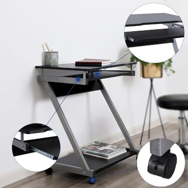 Стіл VASAGLE, комп'ютерний стіл на 4 коліщатках, 2 з яких з гальмами, шухляда для клавіатури з плавним ходом, простий у збірці Z-п