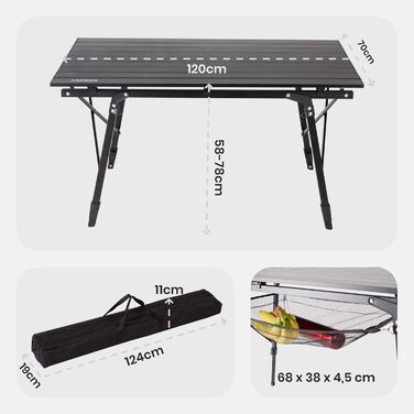 Складаний кемпінговий стіл Arebos 120 x 70 см Складаний стіл з регульованою висотою 58-78 см Аксесуари для кемпінгу, саду, барбекю, пікніка Складаний кемпінговий стіл Дорожній стіл з сумкою для перенесення Чорний