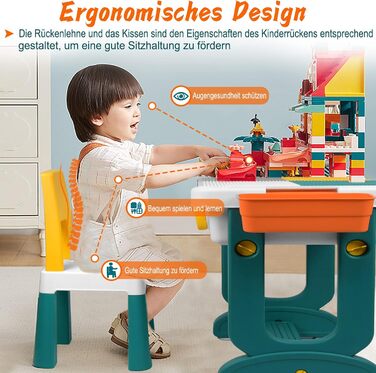 Дитячий набір столу та стільця 5-в-1 Дитячий стіл, стілець, ігровий стіл з 2 стільцями, двостороння стільниця, регульована висота, багатофункціональне місце для зберігання дітей, навчальні, ігрові, дитячі меблі, 63 x 47 x 56 см (блоки не входять до компле