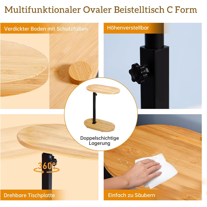 С-подібний бічний столик, регульований по висоті, маленький столик, журнальний столик з бамбука та металу, журнальний столик для дивана, бічний столик, тумбочка для дивана, тумбочка для вітальні, ванної кімнати, ліжка, дивана та кави, стиль 1