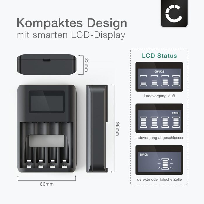 Зарядний пристрій CELLONIC USB для акумуляторів AAA AA Швидка зарядка 4 батареї Зарядний пристрій із 4 слотами для батарейок AA AAA Станція заряджання акумуляторів Індивідуальне заряджання Зарядний пристрій для акумуляторів LR03 LR6