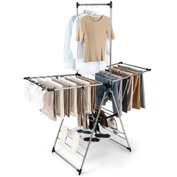 Складана сушарка для білизни FANTASK, 2-ярусна стійка з регульованими за висотою крилами та полицею для взуття, для дому та вулиці, сіра
