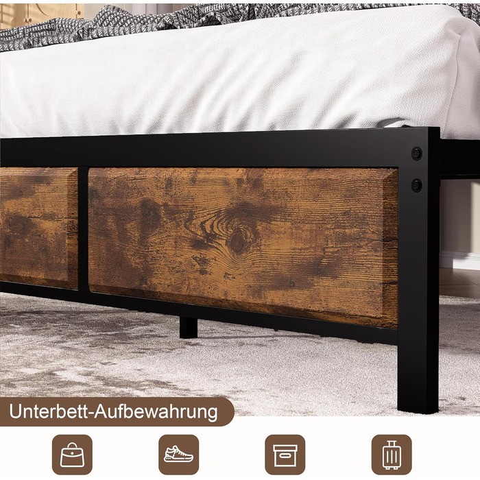 Ліжко VECELO з металевим каркасом 140 x 200 см та товстим дерев&39яним узголів&39ям, каркас двоспального ліжка з металу з рейковою основою, багато місця для зберігання під ліжком, ідеально підходить для спальні, коричневий колір 140 x 200 см, коричневий
