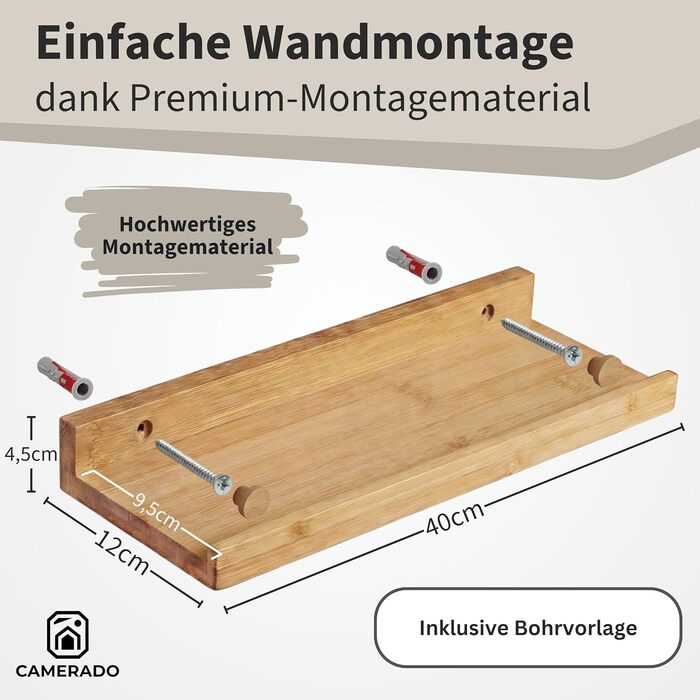 Набір з 2 бамбукових карнизів для картин Camerado, 40 см дерев&39яна настінна полиця, включаючи кришки для гвинтів, 40 см - 2 шт.