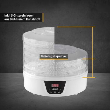 Дегідратор TZS First Austria Дегідратор для фруктів, трав, грибів і м'яса цифровий з таймером і регулятором температури 35-70C 5 рівнів, полиці з інкрустацією без бісфенолу А, дегідратор з таймером