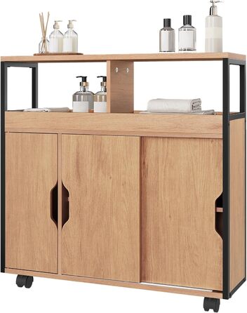 Шафка для ванної кімнати EUGAD, вузька нішева шафка, шафка для ванної кімнати з 2 відкритими відділеннями, регульована полиця, розсувні дверцята, нішева полиця з колесами, 70x70x20 см, чорний світлий дуб E1-MDF метал 70x20x70 см