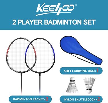 Набір ракеток для бадмінтону KH Badminton Set для 2-4 гравців, для дорослих та дітей, легкий та стабільний, ракетка, волан та сумка для перенесення в комплекті, чорний, червоний, синій (2 гравці)