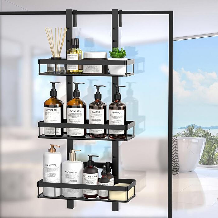 Полиця для душу навісна, органайзер для ванної кімнати без свердління на стінку душу з 3 кошиками для шампуню (Чорний, 3-ярусна)