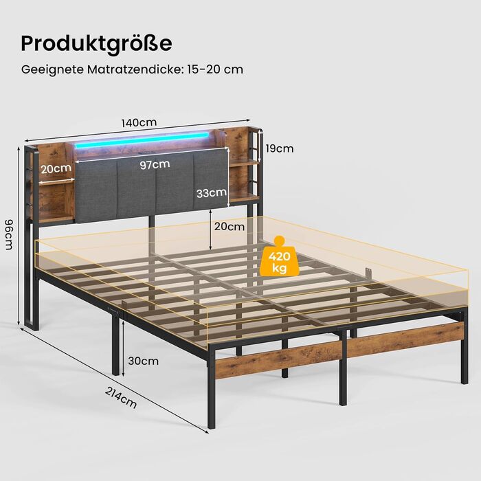 Ліжко AOGLLATI каркас 140x200 зі світлодіодним освітленням та функцією заряджання через USB, металевий каркас ліжка з узголів&39ям для зберігання речей, м&39яке узголів&39я, дитяче ліжко, двоспальне ліжко з рейковою основою (140 x 200 см)