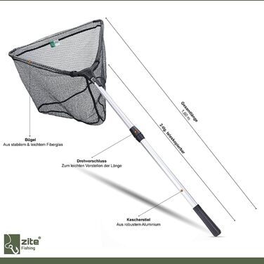 Гумований підсак Zite Fishing для риболовлі - телескопічна рибальська сітка різної довжини, також підходить для дітей (210 см) рибальська сумка з 4 ящиками для снастей вигнуті плоскогубці для зняття гачків 18 см 35 см - повний комплект