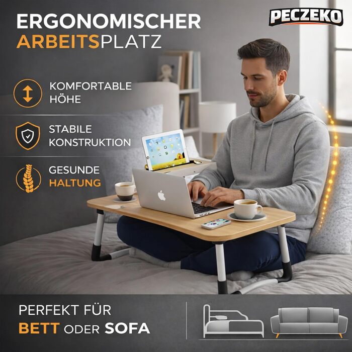 Складаний столик для ноутбука та сніданку дерев'яний піднос-стіл з тримачем для планшета, для дивана та ліжка, багатофункціональний столик для роботи, навчання, читання та їжі, (60 см)