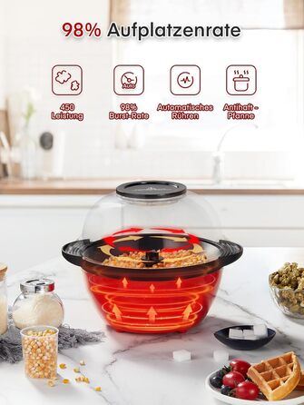 Машина для попкорну FOHERE, 3.5-літрова машина для дому, електричний попкорн-поппер з цукром та олією, антипригарне покриття, тиша та швидка, велика кришка як миска для подачі, для вечорів кіно