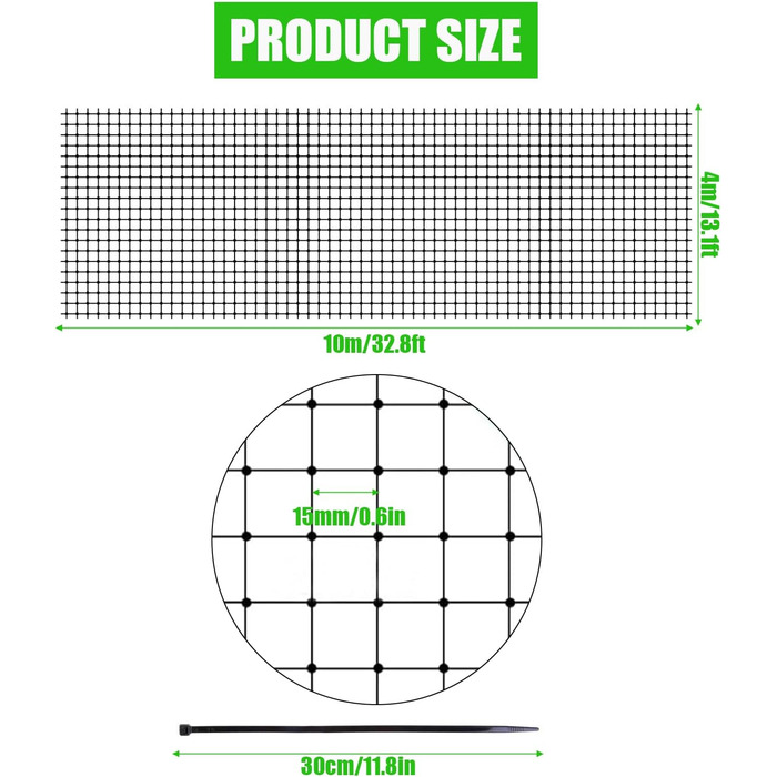 М Сітка для захисту птахів Садова сітка для багаторазового ставка Надміцна багаторазова сітка для ставка, сітка для листя з кабельними стяжками 50 шт. для огорожі садів, городів і ставків 410 м, 4 шт., 10