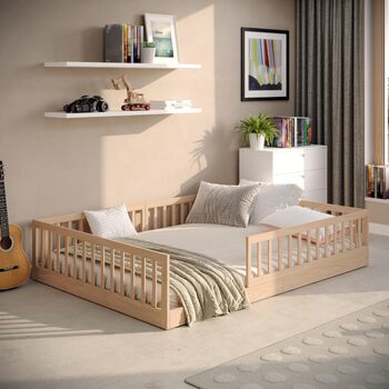 Дитяче ліжко CADANI Timi 140x200 см, підлогове ліжко, знімні захисні поручні, вантажопідйомність до 200 кг, висувна рейкова основа, ліжко Монтессорі з масиву сосни, 3 варіанти складання, трансформоване, натуральний колір 140 x 200 см