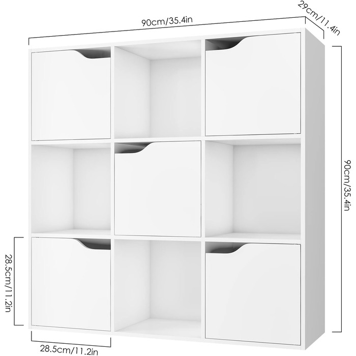 Книжкова полиця FirFurd, біла полиця, книжкова шафа з 5 дверцятами та 9 відділеннями, полиця для зберігання, офісна полиця для вітальні/кабінету, 90 x 29 x 90 см