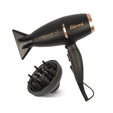 Безщітковий фен Girmi PH91, 2200 Вт, 2 швидкості, 3 температури, іонізація, з дифузором та концентраторами, компактний, чорний/золотий