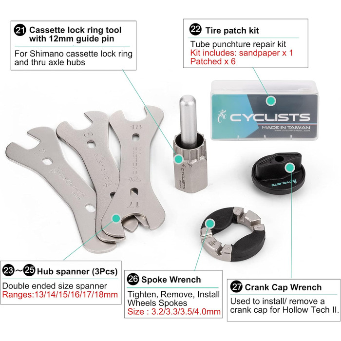 Набір велосипедних інструментів із 27 предметів для ремонту гірських/шосейних велосипедів з футляром для зберігання