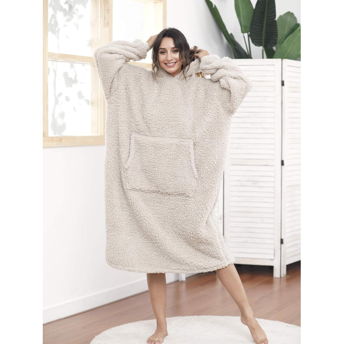 Великогабаритна шерпа-ковдра з капюшоном для чоловіків та жінок, довга зручна шерпа-ковдра, светр, волохатий пуловер, плюшевий, теплий, затишний, універсальний розмір, бежевий