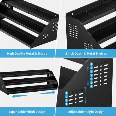 Рівнева підставка для спецій, органайзер для кухонних полиць, органайзер для спецій, розширюваний металевий органайзер для кухонних шаф від 34 см до 55 см, для стільниць, кухні, їдальні - чорний, 3-