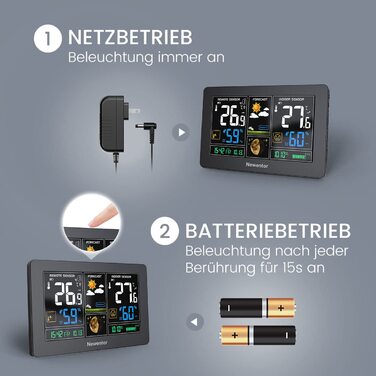 Радіостанція Newentor із зовнішнім датчиком - бездротова метеостанція з прогнозом погоди, попередженням про температуру, радіокерованим годинником DCF - робота від батареї та роботи від мережі, (1*станція 3*зовнішній датчик, чорний)