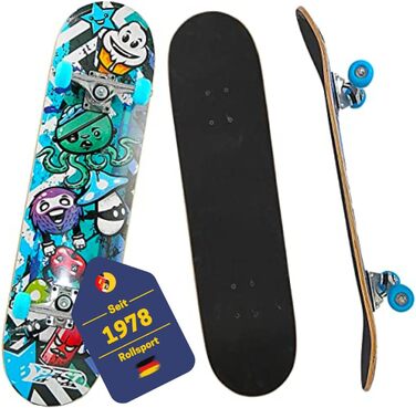 Скейтборд A3 Kid Octopus - найкращий спортивний скейтборд для дітей від 7 років, нековзка 7-шарова кленова дека, ABEC 3 підшипники, алюмінієва вісь, вантажопідйомність 100 кг, Octopus Blue дизайн