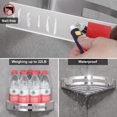 Кутова полиця для душу DUFU без свердління, самоклеюча, з нержавіючої сталі SUS304 та ABS-пластику. Набір з 2 кутових кошиків для душу з 2 гачками для організації ванної кімнати, сріблястого кольору (A-срібло).