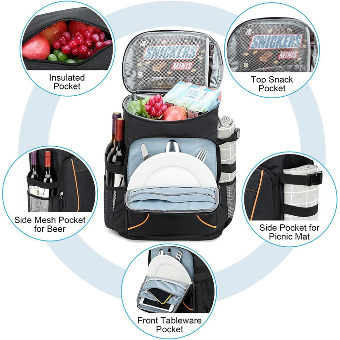 Рюкзак-холодильник Estarer 35L, рюкзак для пікніка, водонепроникний рюкзак з відкривачкою для пляшок для кемпінгу, походів та використання на пляжі, чорний