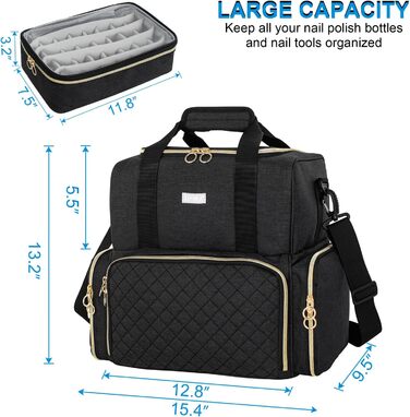 Мішечок для лаку для нігтів, двошаровий органайзер для зберігання лаку для нігтів на 80 флаконів (15 мл) та лампу для нігтів, великий футляр для косметики з відділеннями для зберігання, чорний