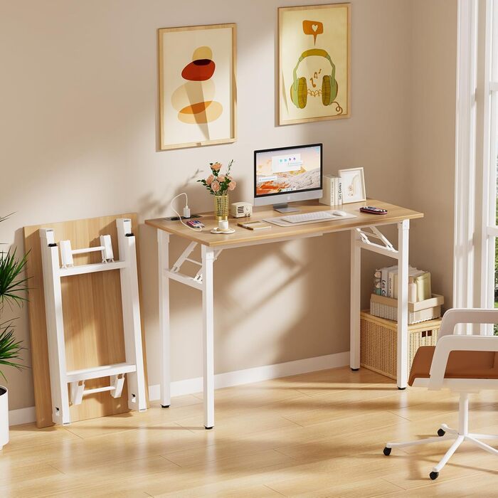 Складаний стіл 100x50x76 см з 2 розетками змінного струму та 2 портами зарядки USB, складаний комп&39ютерний стіл, стіл для ПК, офісний стіл, складаний стіл, для дому, дерево 100 см x 50 см