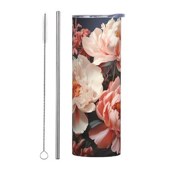 Кухоль з прямою трубочкою, 590 мл, яскраво-білі півонії, принт, дорожній кухоль, підходить для кемпінгу, офісу та дому.