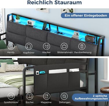 Розкладний диван-ліжко з висувним ліжком, кушетка 90x200(180x200) см, розкладна кушетка зі світлодіодним освітленням та зарядною станцією (2 розетки змінного струму, 2 порти USB), односпальне та двоспальне ліжко, гостьове ліжко сірого кольору 90x200 см/18