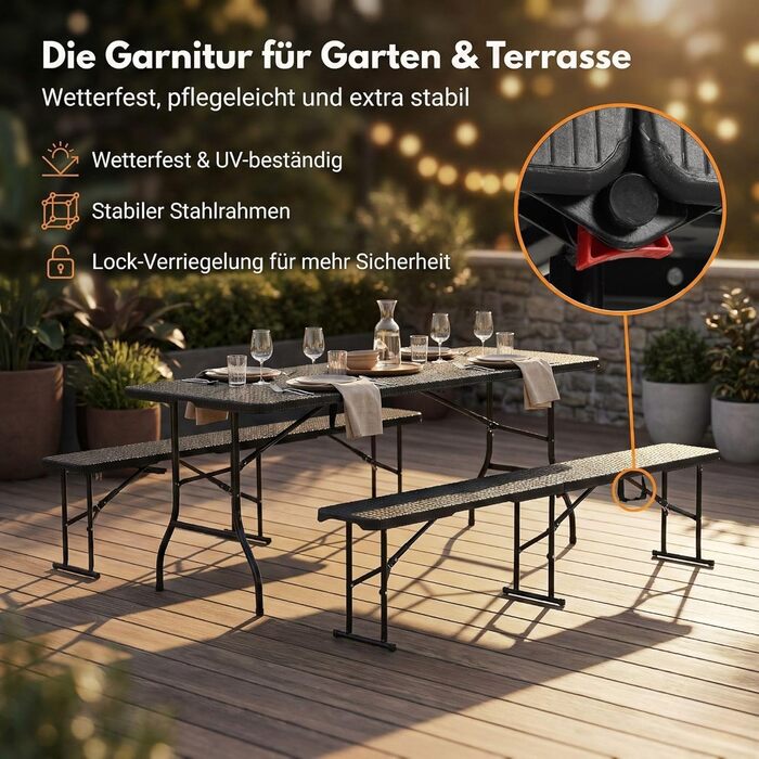 Складаний пивний садовий набір ALBATROS, 3 предмети Міцний розкладний стіл (300 кг) та 2 пивні лавки (500 кг) Комплект пивних столів на 10 осіб Стіл для кемпінгу на вулиці Пивний стіл 182 см Комплект садових меблів