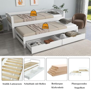 Диван-ліжко Merax 90x200 см, кушетка з 2 шухлядами, дитяче ліжко, функціональне ліжко з рейковою основою, висувне односпальне та двоспальне ліжко, каркас з масиву дерева, для дівчаток та хлопчиків, біле висувне ліжко 90 x 200 см
