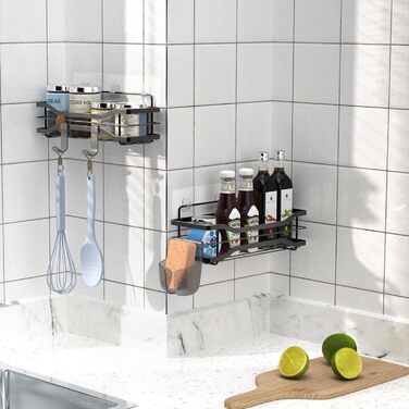 Душова полиця без свердління, 2 шт. Душова полиця чорна, Душова корзина з нержавіючої сталі з 6 аксесуарами, Поличка для ванної з